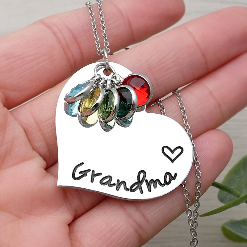 Collar personalizado con nombres familiares, colgante de corazón con piedras de nacimiento, collar de abuela personalizado para regalo del día de su madre