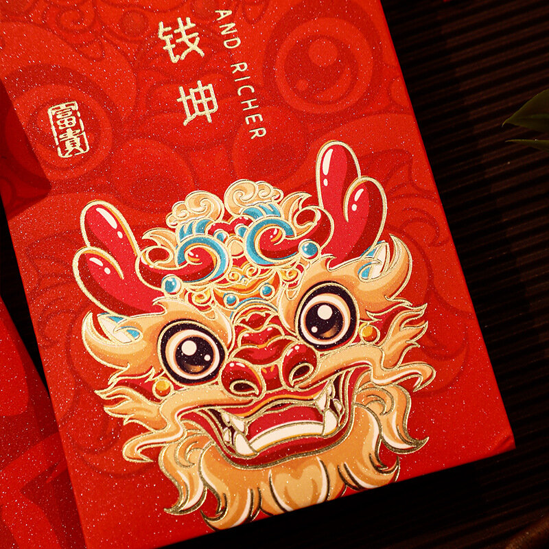 Paquet d'enveloppes rouges CNY pour le nouvel an chinois, sac porte-bonheur, design de dessin animé, festival du printemps, long, 2024, 6 pièces par paquet