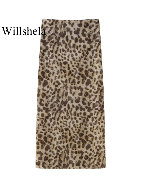 Willshela Women Fashion 2 Piece Set Tulle Leopard Pleated Tops & Vintage High Waist Midi Skirt Female Chic Lady Skirts Set