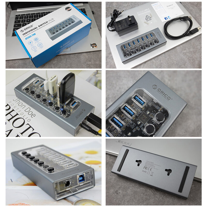 Presa Splitter Hub USB alimentata ORICO con Multi USB 3.0 Port Slot Plug On-Off interruttore a chiave Dock adattatore per ciabatta per PC Laptop