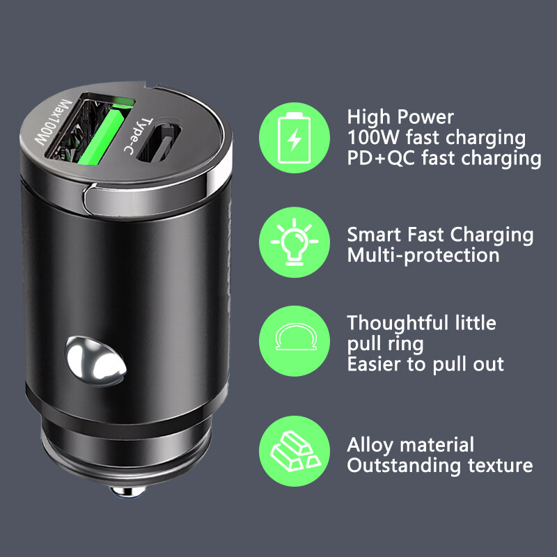 Mini chargeur de voiture allume-cigare 100W, charge rapide pour iPhone QC3.0, mini PD USB Type C, chargeur de téléphone de voiture pour Xiaomi Samsung Huawei