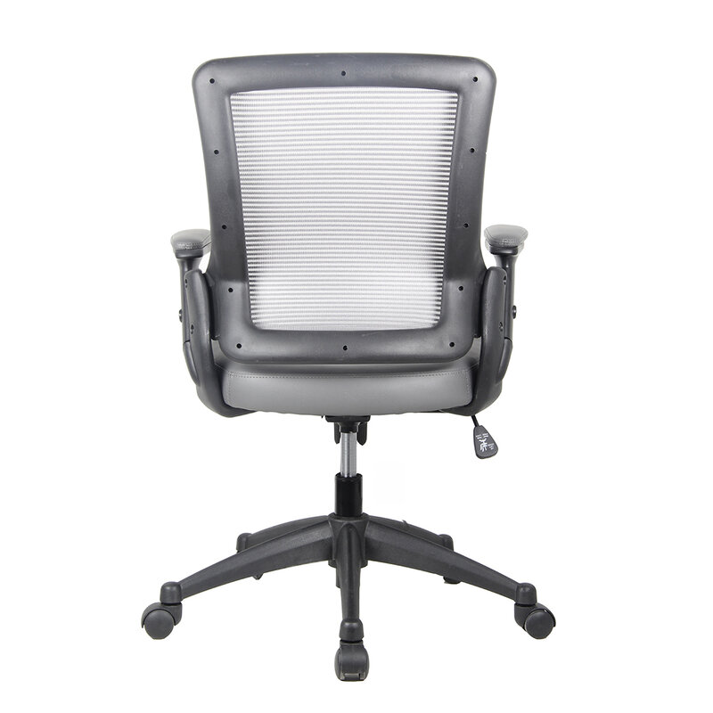 Удобное серое офисное кресло с сетчатой спинкой и регулируемыми подлокотниками по высоте для улучшения поддержки и производительности