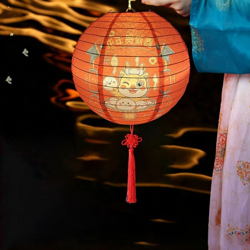 Lanterna de papel brilhante artesanal com iluminação, Lanterna de papel do ano dragão, Boa sorte com alça, Decorações de ano novo