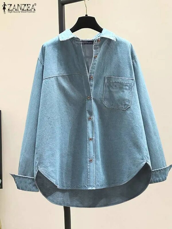 Блузка ZANZEA женская джинсовая с длинным рукавом, модная повседневная Свободная рубашка с прошитыми карманами, рабочая Туника оверсайз, лето-весна 2024