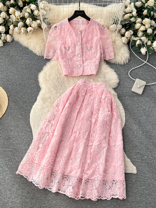 Summer Korean Small Fragrance Style Lace Set Two Piece Suit Lace Hook Flower Short Sleeve Shirt Tops Midi Skirt Women's Outfits