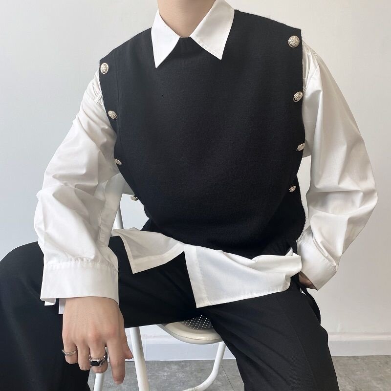 Camisola de botão de tricô estilo preppy masculina emendada, colete redondo com gola masculina, moda masculina, outono, inverno, novo, moda, 2024