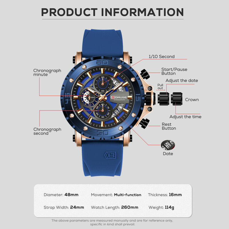 BORUSE Fashion Men Quartz Watches Top Brand Luxury Automatic Date Wristwatch for Men Waterproof Sport Chronograph Luminous Clock