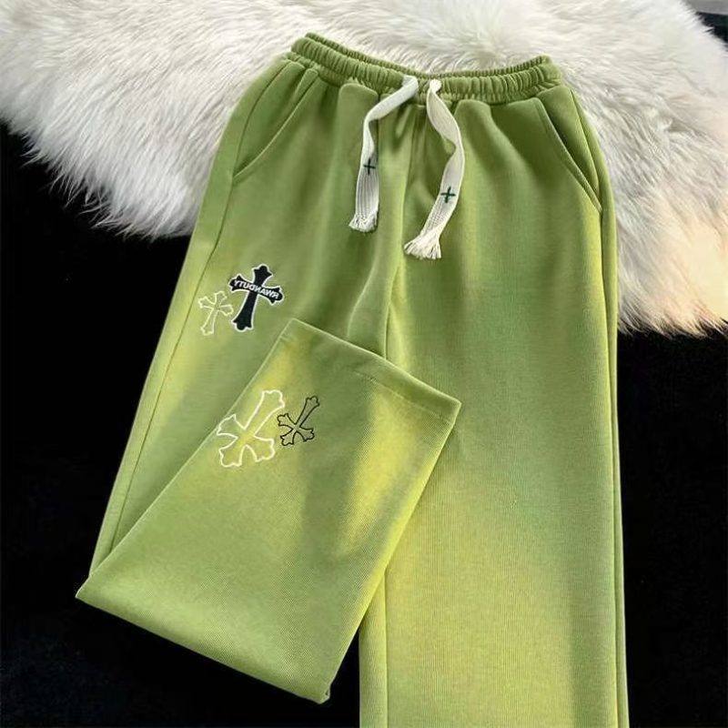 Light Green Casual Pants Men and Women American Tide Cross Embroidered Sweat Pants Summer Loose Hip hop Straight Sports Pants
