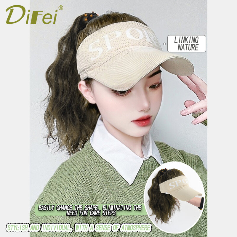 Sombrero de peluca sintética de una pieza para mujer, gorra de visera de pelo, parte superior vacía, cola de caballo ondulada, tocado completo, moda de primavera y verano