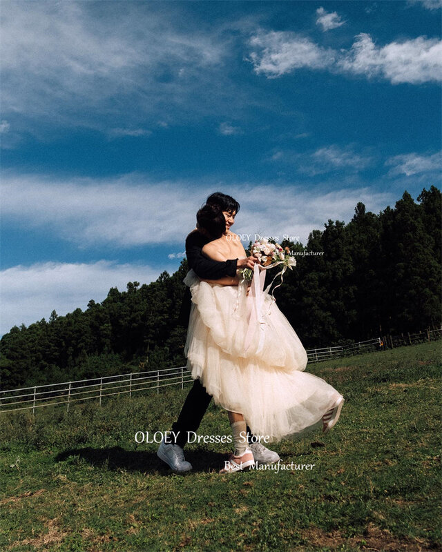Oloey Fee Tule Korea Trouwjurken Fotoshoot Strapless Vloer Lengte Bruids Gownws Robe De Mariage