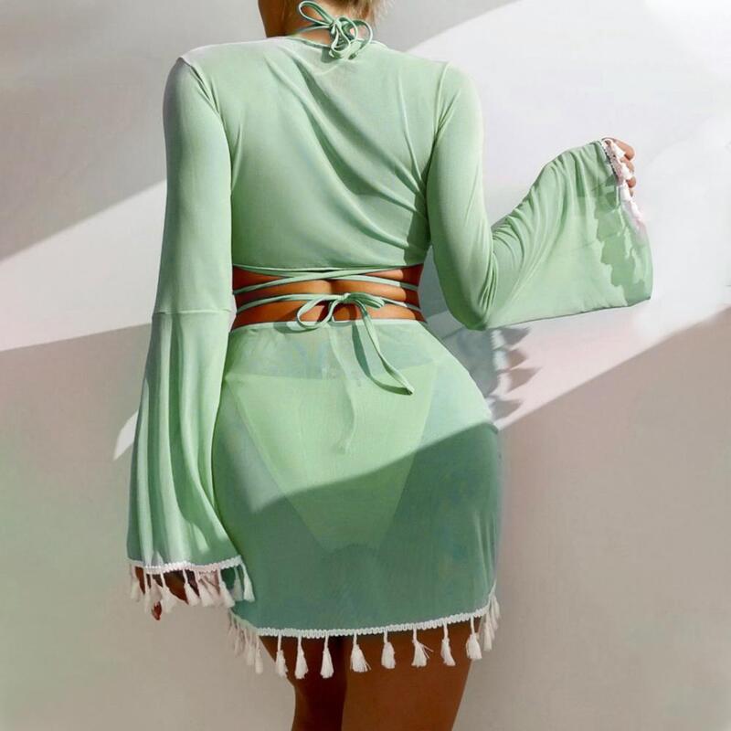 Conjunto de maiô biquíni feminino com franja, manga deflagrada para cobrir, sutiã halter, saia de cintura alta, cor sólida, elegante, rápido, 4 peças