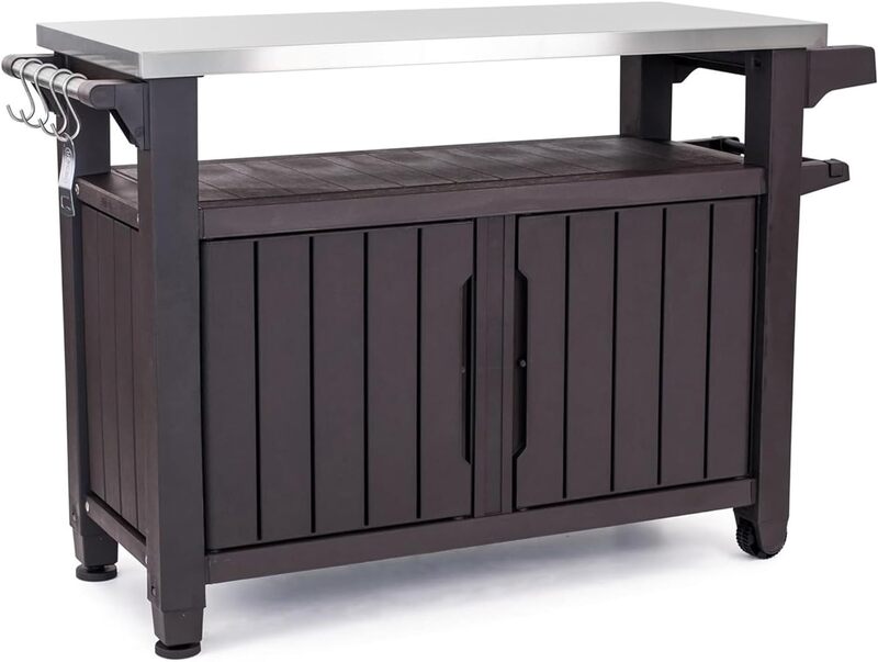 Keter Unity XL Outdoor Kitchen Rolling Bar Cart with Storage Cabinet, Brown