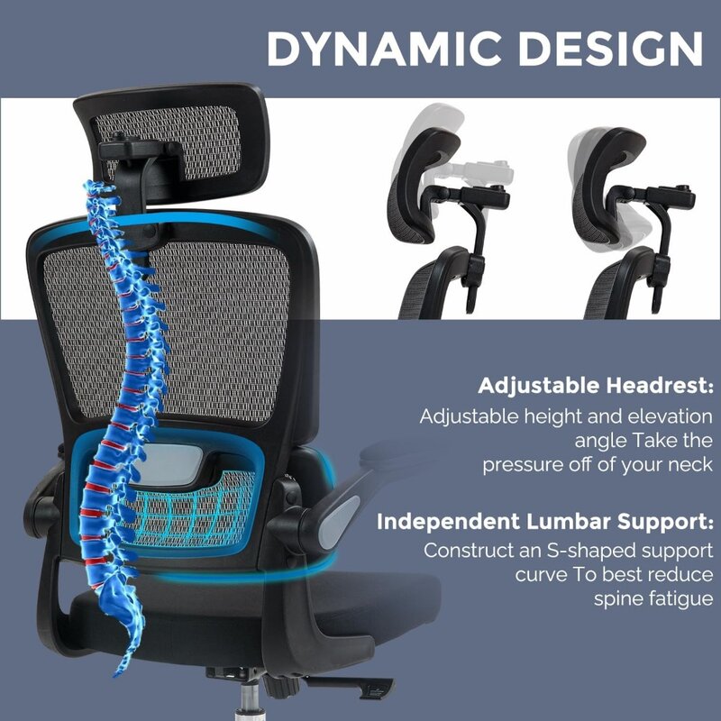 IULULU Ergonomic Office Computer Desk Chair Home Swivel Mesh Task with Adjustable Headrest and Flip-Up Arms, Tilt Function