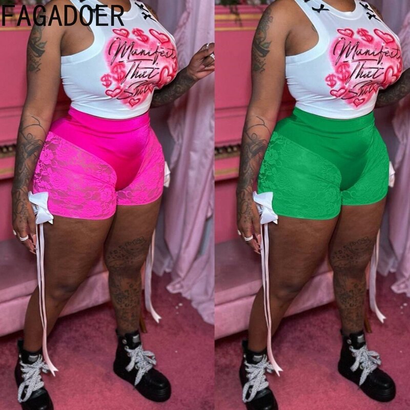 FAGADOER Sexy Lace Perspective Bow Bandage Shorts Women High Waist Elasticity Skinny Shorts Fashion Summer New Matching Bottoms