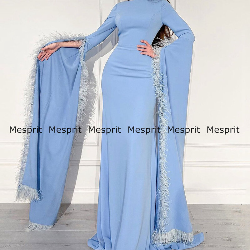 Light Blue Dubai Party Dresses Feathers Long Sleeves Boat Nek Simple Prom Gown Floor Length Vestidos Arabian Evening Dress