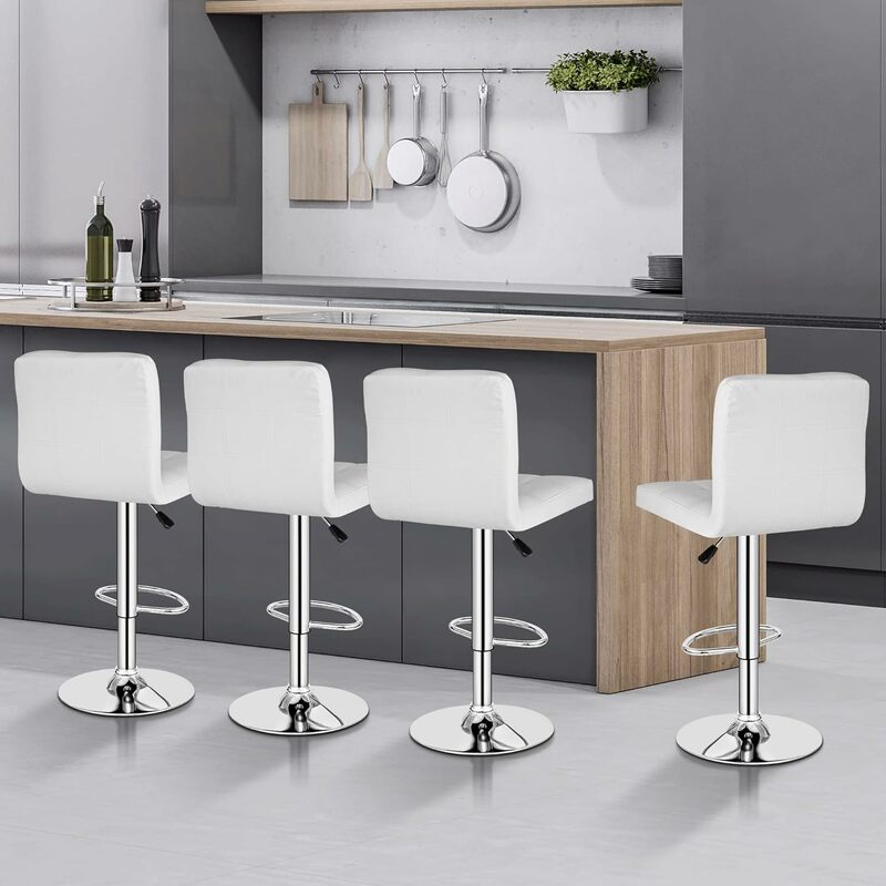Conjunto de bancos de 2 ou 4 bar para cozinha, fezes giratórias de couro pu moderno com altura ajustável e quadrado traseiro (preto/branco)