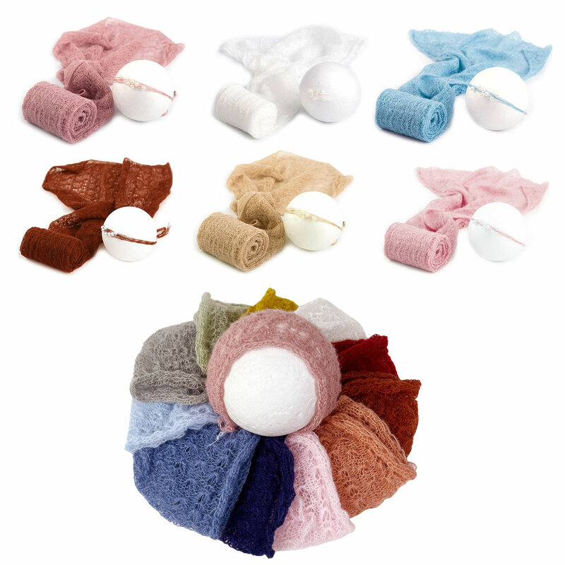 Don & Judy neonato Soft Stretch Wrap copricapo Set cappello Cap Baby Photography Prop Outfit Handmade Knit Mohair Bonnet 2 pezzi Set nuovo