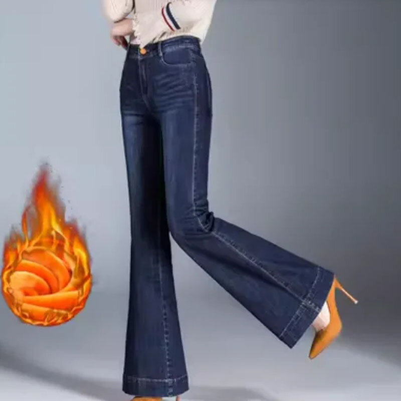 Jesienno-zimowe nowe koreańskie spodnie Flare damskie z wysokim stanem dżinsy z szeroką nogawką duże spodnie jeansowe Temperament