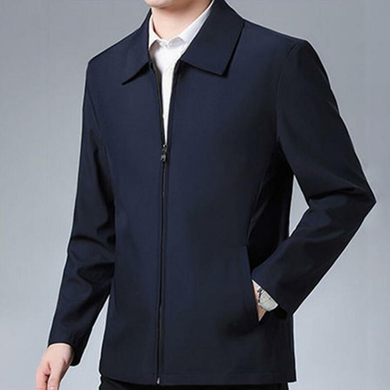 Men Coat Smooth Zipper Lapel Collar Solid Color Middle-aged Men Casual Jackets for Cold Weather