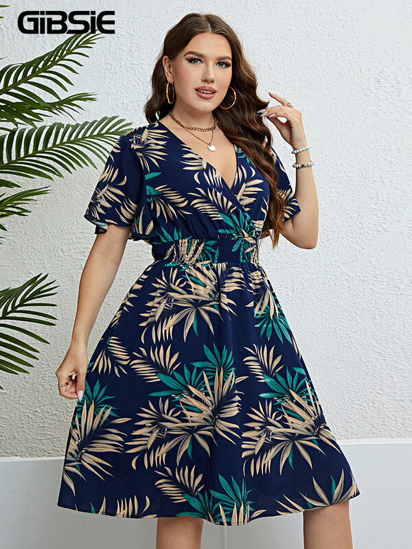GIBSIE-Vestido Midi com estampa tropical feminino com decote em v, manga borboleta, plus size, férias, Boho Beach, casual, verão, 2024