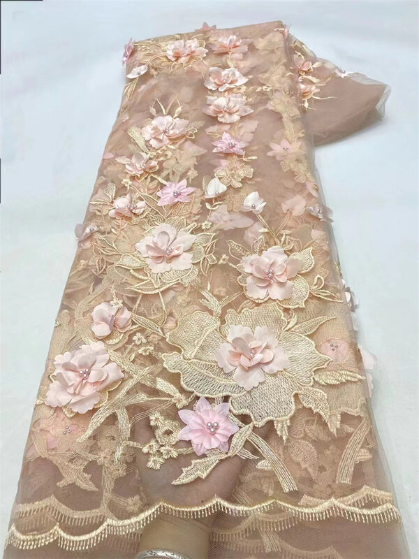 2024 tessuto di pizzo di fiori 3D di lusso Dubai tessuto di pizzo di Tulle con perline a mano ricamato Applique tessuto nigeriano africano per cucire