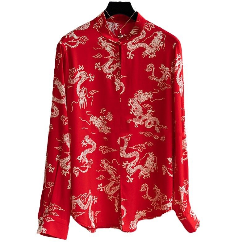女性のシルクシャツ,高品質の中国のプリント,hongyun dragonのパターン,スタンドカラー,ボタン,フェミニンなブラウス,y2k