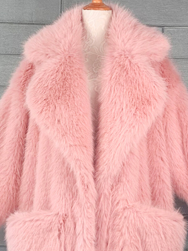 Lautaro 여성용 롱 오버사이즈 핑크 코트, 두껍고 따뜻하고 부드럽고 푹신한 인조 모피 코트, 포켓 라펠, 루즈하고 달콤한 귀여운 패션 2022