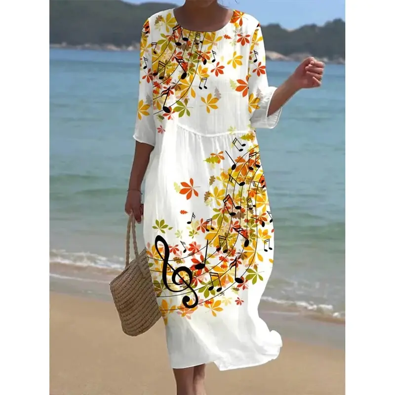 2024 New Summer Women's Floral Print Round Neck Dress Breathable Cropped Sleeves Casual Loose Holiday Beach Party Pullover Dress