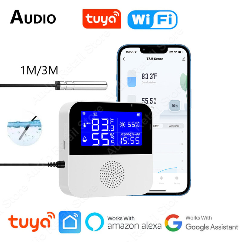 Tuya-Sensor de temperatura y humedad con WiFi, termómetro externo de 1M/3M, sonda, pantalla LCD, higrómetro interior, aplicación Smart Life