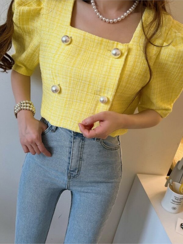 Summer Coat Women Puff Short Sleeve Fashion Square Collar Ladies Cropped Jackets Loose Pleated Korean Style Woman Tops