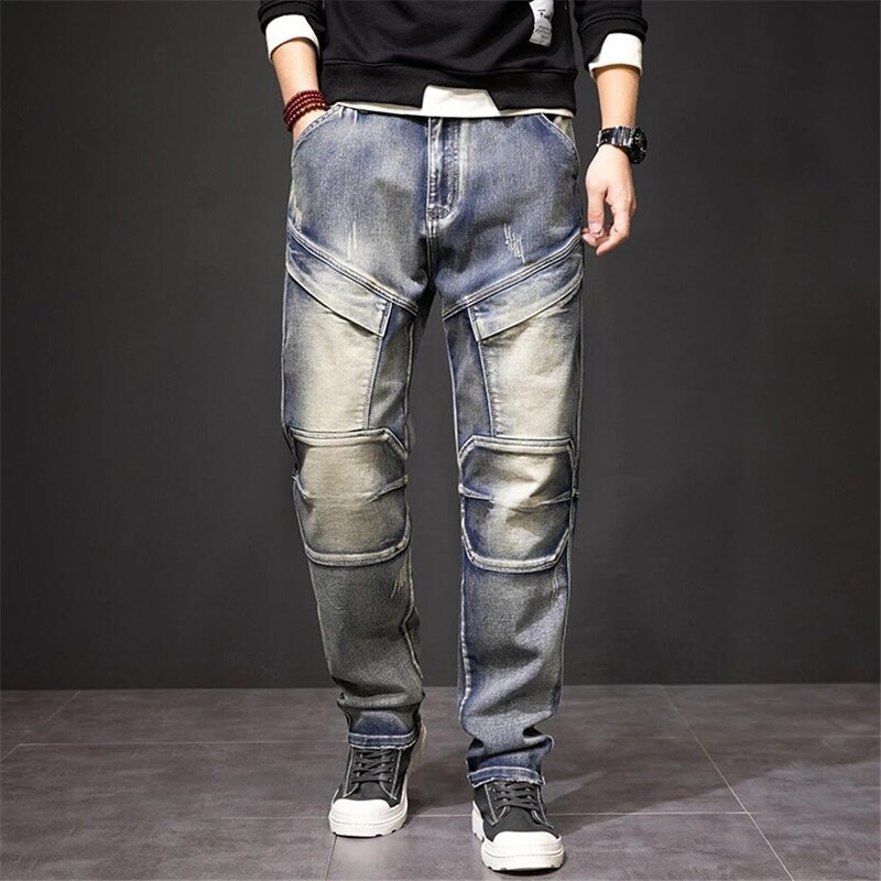 Vintage Punk กางเกงยีนส์ชายขนาด40 44 Denim กางเกงแฟชั่น Streetwear กางเกงยีนส์ Cargo กางเกง Plus ขนาด40 44กางเกงชายกางเกง