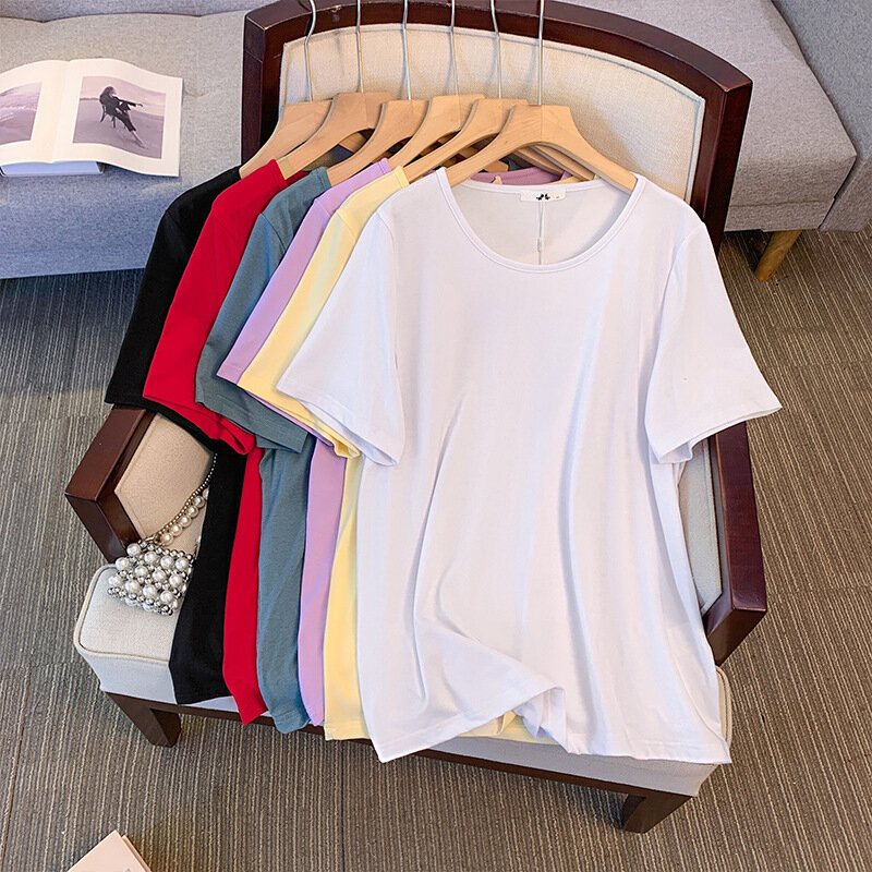 150Kg Plus Size Women's Bust 156 Summer Loose Solid Color T-Shirt Slim Short Sleeved Top 6XL 7XL 8XL 9XL 10XL 6-Colors