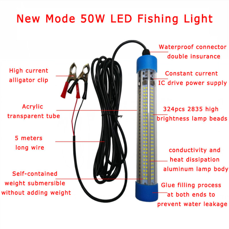 50W DC12-24V Fishing Light 324Pcs 2835SMD LED Underwater Submersible Fishing Light IP68 Lures Finder Lamp Attracts Krill Light