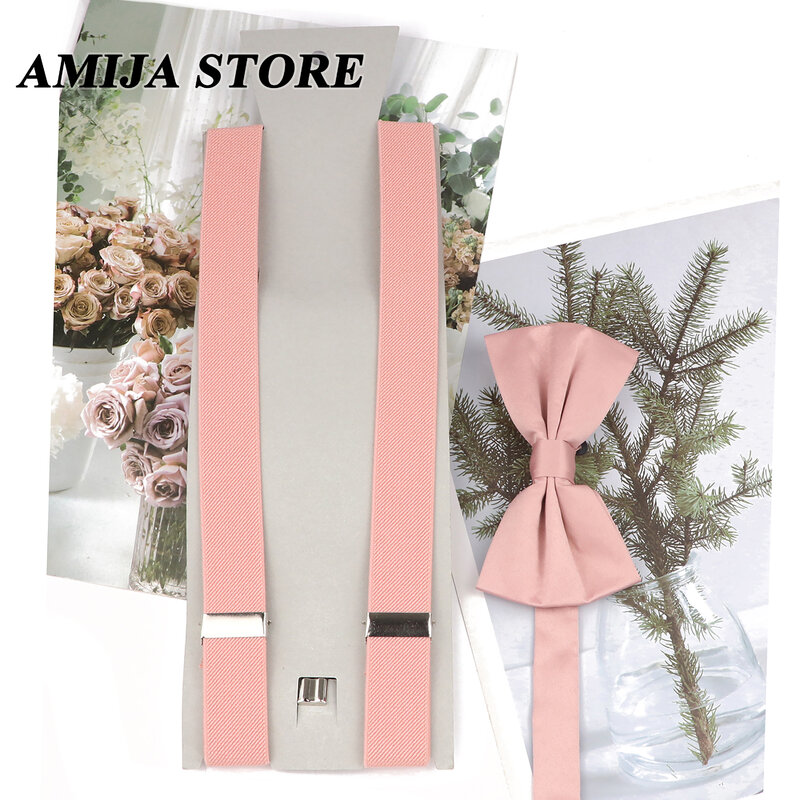 Fashion Unisex Suspender Set Sage Green Pink Braces With Satin Bowtie Clip-on Elastic Y-back Mens Straps Butterfly Party Wedding