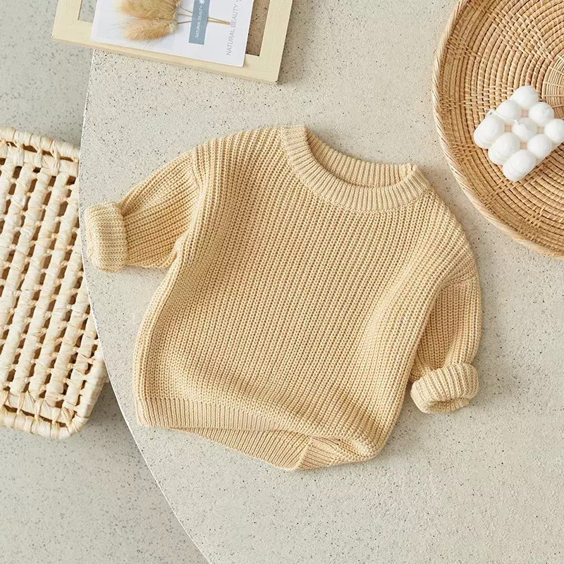 Suéter de malha monocromático para recém-nascido, manga comprida, suéter solto para bebê menina e menino, luxo e solto, 41USD-Super Sale, outono e inverno