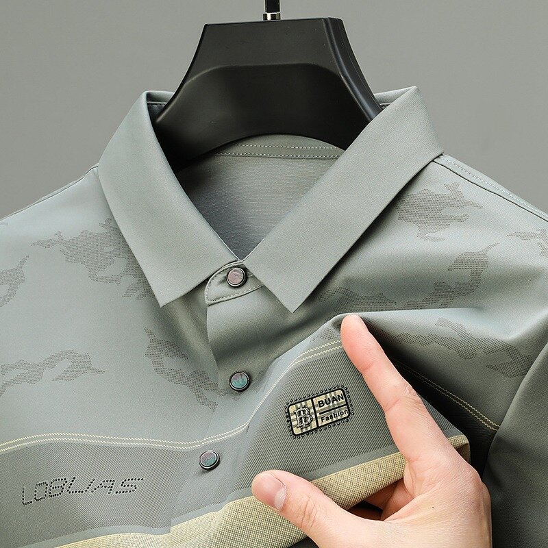 2024 Summer Seamless Ice Silk Polo Shirt Men Short Sleeve Slim Casual POLO T-shirts Fashion Print Business Social Lapel Tee Tops