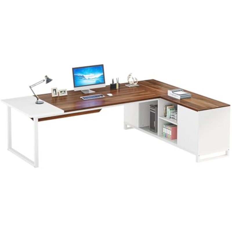 Mesa em forma de L com prateleiras e armário, moderna mesa de escritório executivo, gabinete de 55 pol, 71 pol