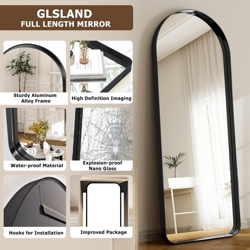 21" x 64" Arched Full Length Mirror - Aluminum Alloy Deep Frame - Black Wall Mounted Mirror for Bathroom, Living Room, Bedroom