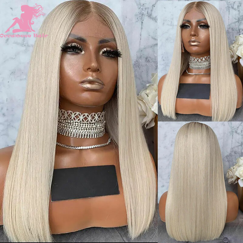Human Hair Lace Frontal Wig Ombre Ash Blonde 360 Lace Frontal Wig Swiss Hd Transparent Full Lace Front Wigs With Brown Root