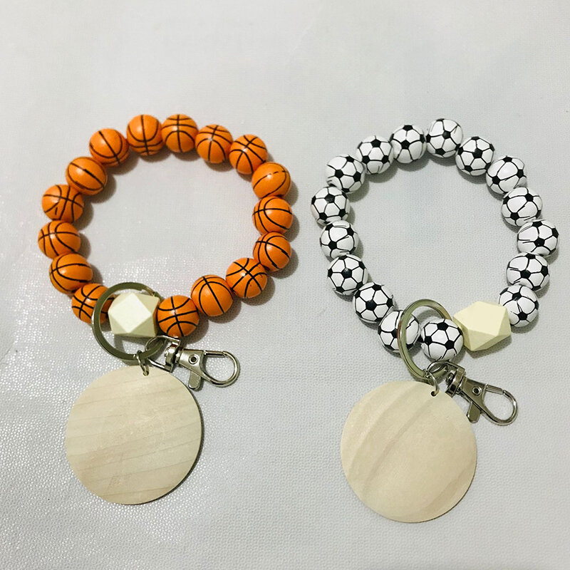 Porte-clés en perles de bois imprimé pour femme et homme, breloques pour poignet, vente en gros