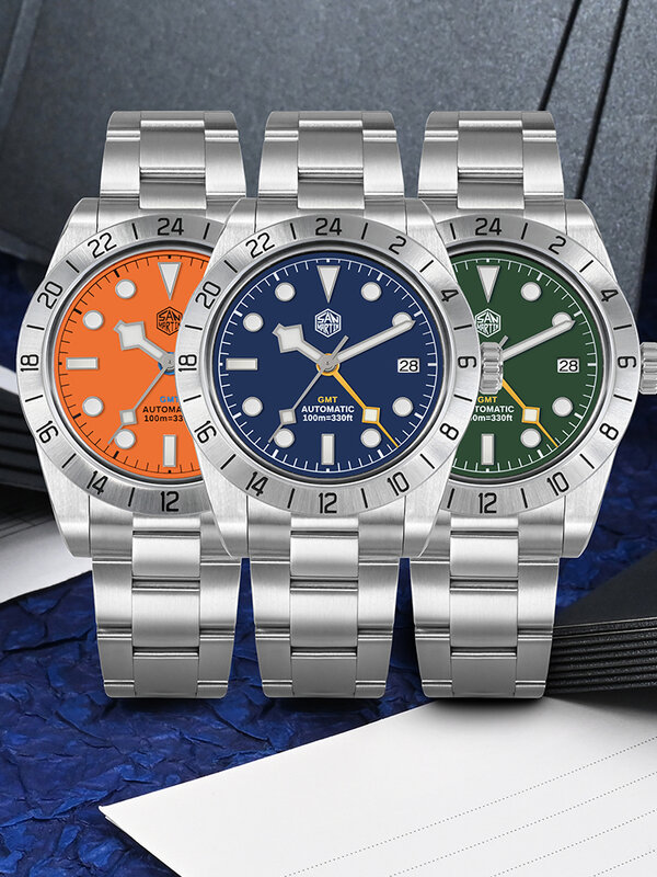 San Martin 남성용 클래식 럭셔리 비즈니스 시계, 컬러 다이얼, 자동 기계식 방수, 발광 날짜, 39mm BB GMT, SN0054, 신제품