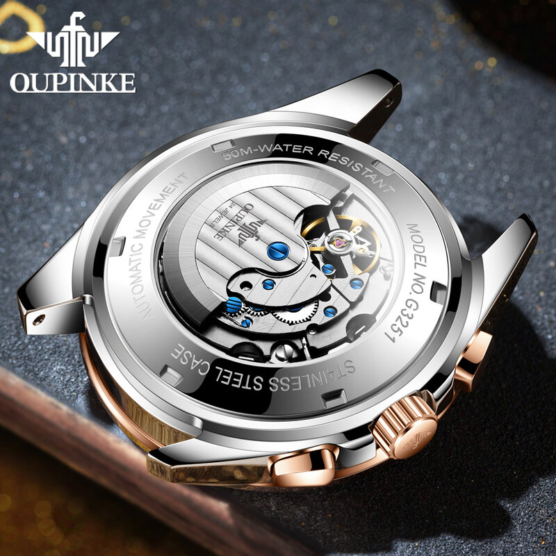 OUPINKE jam tangan pria, jam tangan otomatis penuh multifungsi tahan air tali baja tahan karat