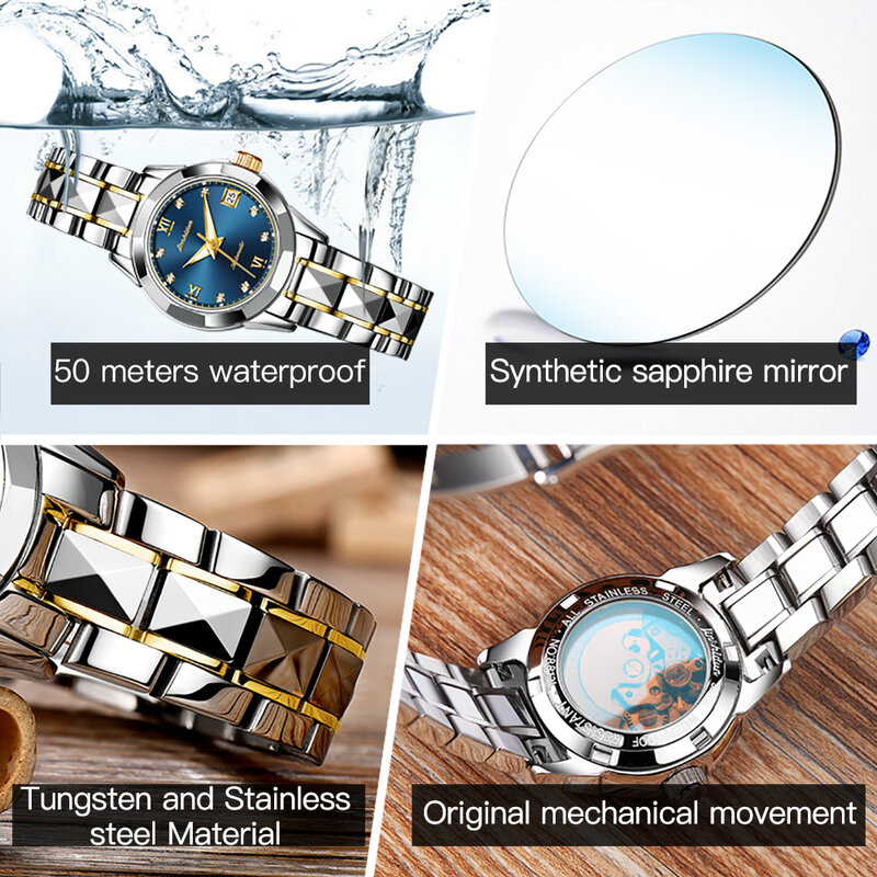 JSDUN-Relógios automáticos de luxo para casal, relógio de pulso mecânico masculino e feminino, relógio safira cristal impermeável, par de presentes
