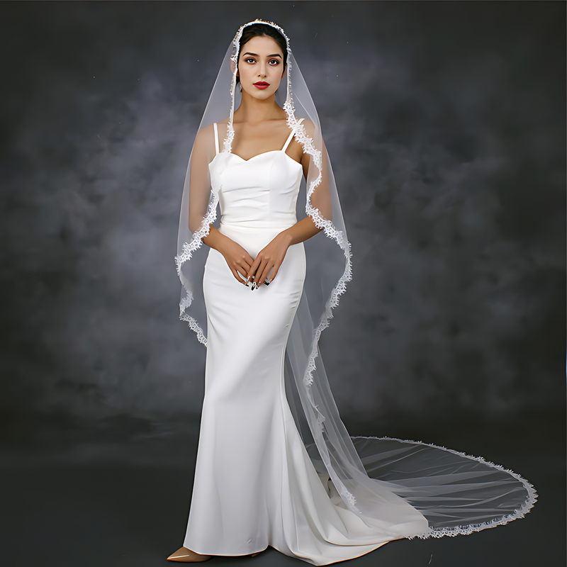 Lace Wedding Veil 1 Tier Long Bridal Veils Soft Wedding Bridal Accessories Scallop Lace Trim Soft Tulle Short Veu VP98