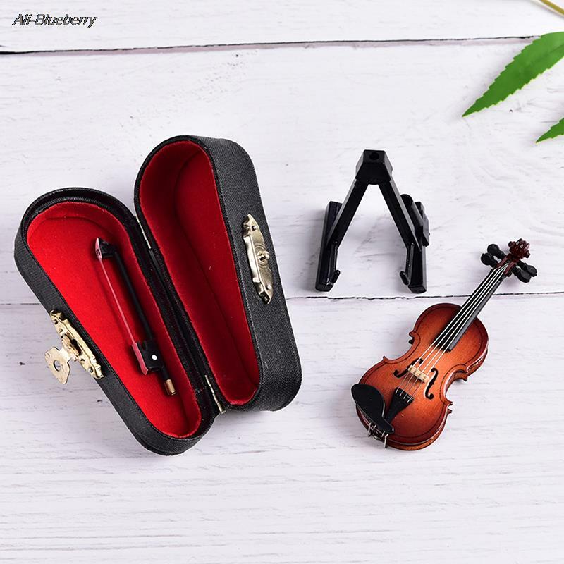 Mini Dollhouse Miniature Music Instrument Plastic Wooden Mini Violin Ornament Plastic Crafts DIY Home Decoration With Support