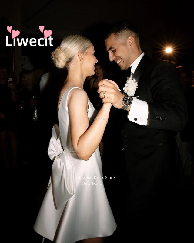 Liwecit-Sem mangas de cetim curto mini vestido de casamento, vestido de noiva, arco grande, V Neck, sem encosto, festa, Custom Made