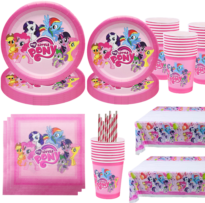 漫画小さなポニーの誕生日パーティーの装飾、ポニーバルーン、使い捨て食器、子供、女の子のパーティー用品の背景、おもちゃのギフト