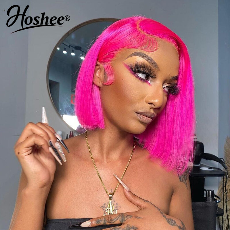 Straight Hot Pink Colored Brazilian Remy Short Bob Pixie Cut For Black Woman Frontal Wigs 13x4 Lace Front Human Hair Wig On Sale