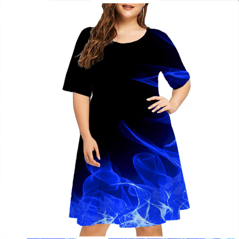 الشارع محب موضة ثلاثية الأبعاد طباعة المرأة الأزرق لهب فستان غير رسمي قصير الأكمام فضفاضة حجم كبير الملابس 6XL فستان صيفي Vestidos