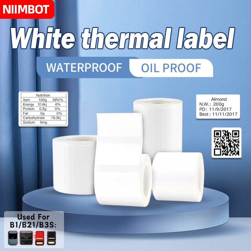 Niimbot B21 B1 25-50มม. ฉลากเครื่องพิมพ์ B3S ม้วนกระดาษสติกเกอร์สีขาวพิมพ์กระดาษม้วนกาวกันน้ำมันฉีกขาด